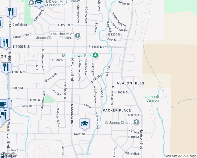 map of restaurants, bars, coffee shops, grocery stores, and more near 951 East 825 North Street in Ogden