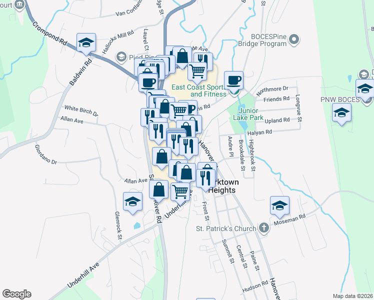 map of restaurants, bars, coffee shops, grocery stores, and more near Commerce Street in Yorktown Heights