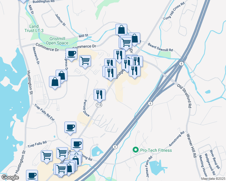 map of restaurants, bars, coffee shops, grocery stores, and more near 31 Fairchild Drive in Shelton