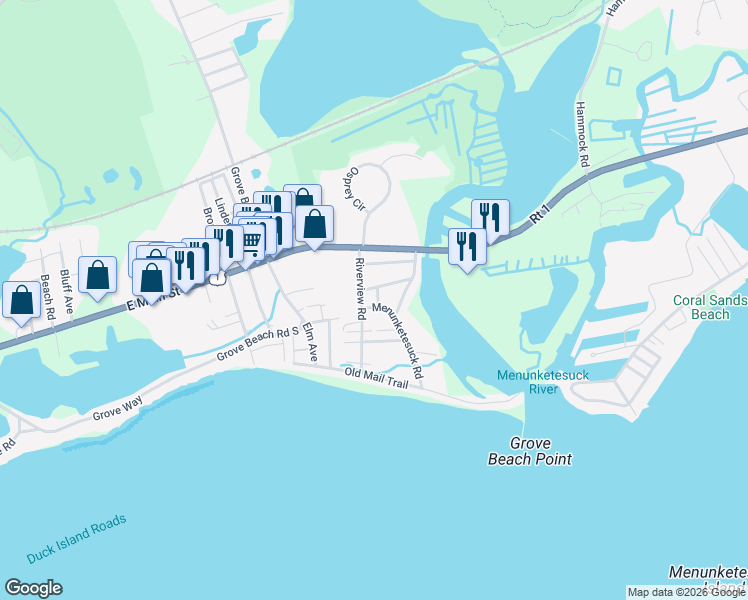 map of restaurants, bars, coffee shops, grocery stores, and more near 35 Riverview Road in Westbrook