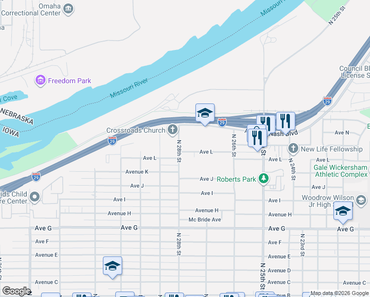 map of restaurants, bars, coffee shops, grocery stores, and more near 1217 North 28th Street in Council Bluffs