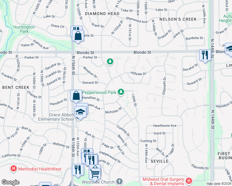 map of restaurants, bars, coffee shops, grocery stores, and more near 15319 Seward Plaza in Omaha