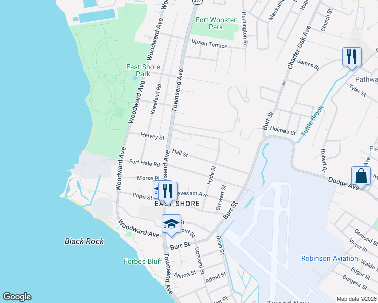 map of restaurants, bars, coffee shops, grocery stores, and more near 641 Townsend Avenue in New Haven