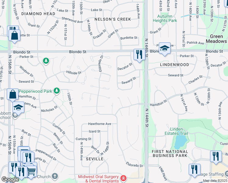 map of restaurants, bars, coffee shops, grocery stores, and more near 14816 Seward Plaza in Omaha