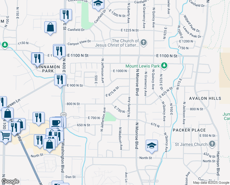 map of restaurants, bars, coffee shops, grocery stores, and more near 655 East 875 North Street in Ogden