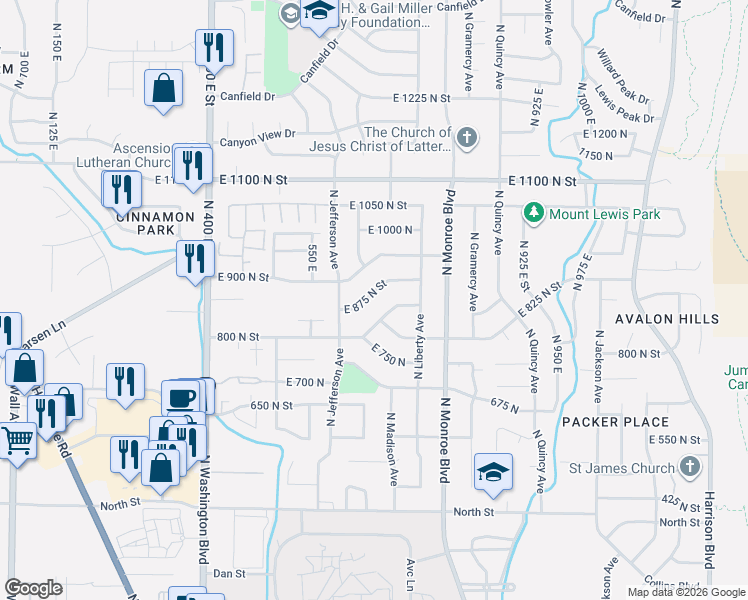 map of restaurants, bars, coffee shops, grocery stores, and more near 655 East 875 North Street in Ogden