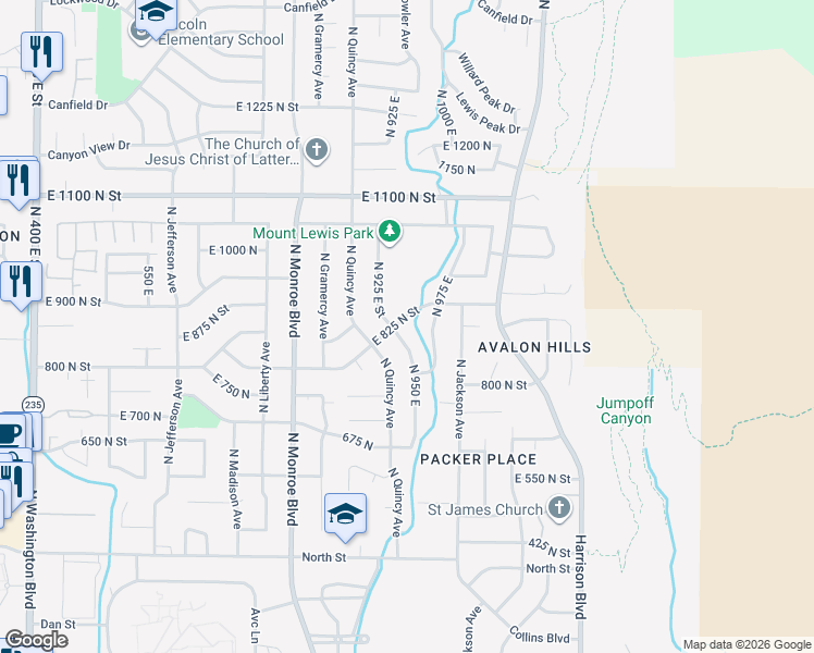 map of restaurants, bars, coffee shops, grocery stores, and more near 955 East 825 North Street in Ogden