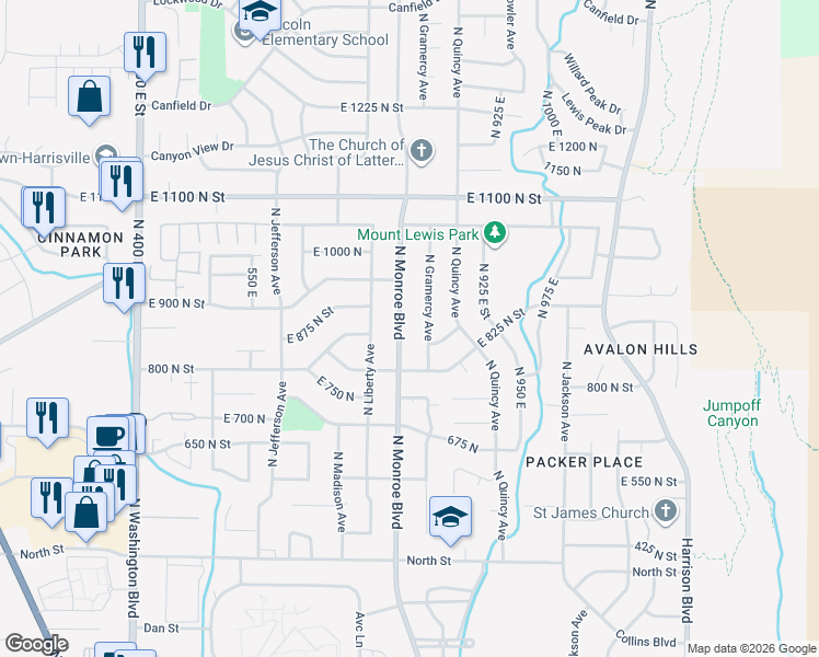 map of restaurants, bars, coffee shops, grocery stores, and more near 858 North Monroe Boulevard in Ogden