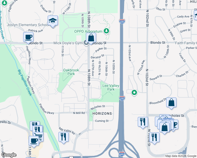 map of restaurants, bars, coffee shops, grocery stores, and more near 810 North 107th Street in Omaha