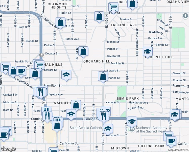map of restaurants, bars, coffee shops, grocery stores, and more near 4038 Charles Street in Omaha
