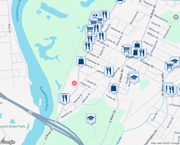 map of restaurants, bars, coffee shops, grocery stores, and more near 140 South River Street in Wilkes-Barre