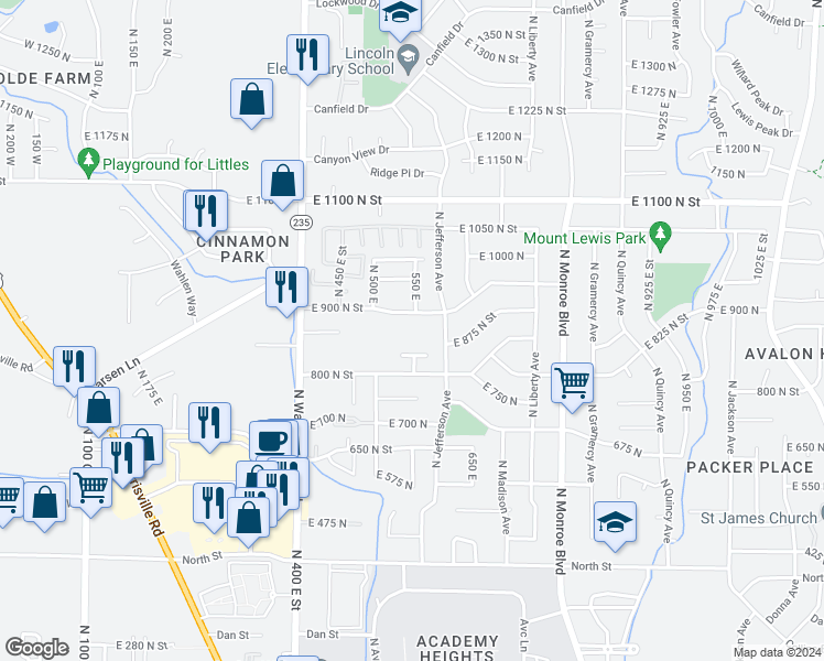 map of restaurants, bars, coffee shops, grocery stores, and more near 560 East 900 North in Ogden
