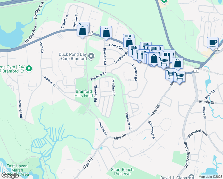 map of restaurants, bars, coffee shops, grocery stores, and more near 169 Peddlers Drive in Branford