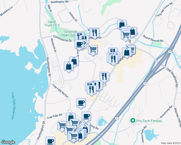 map of restaurants, bars, coffee shops, grocery stores, and more near 50 Parrott Drive in Shelton