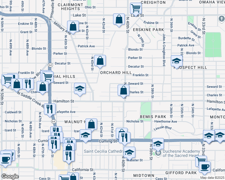 map of restaurants, bars, coffee shops, grocery stores, and more near 4037 Seward Street in Omaha