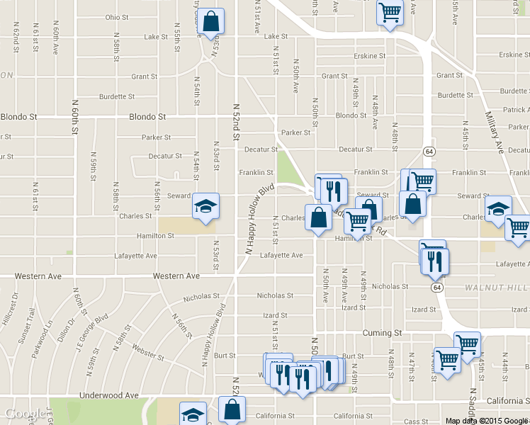 map of restaurants, bars, coffee shops, grocery stores, and more near 1522 Happy Hollow Boulevard in Omaha