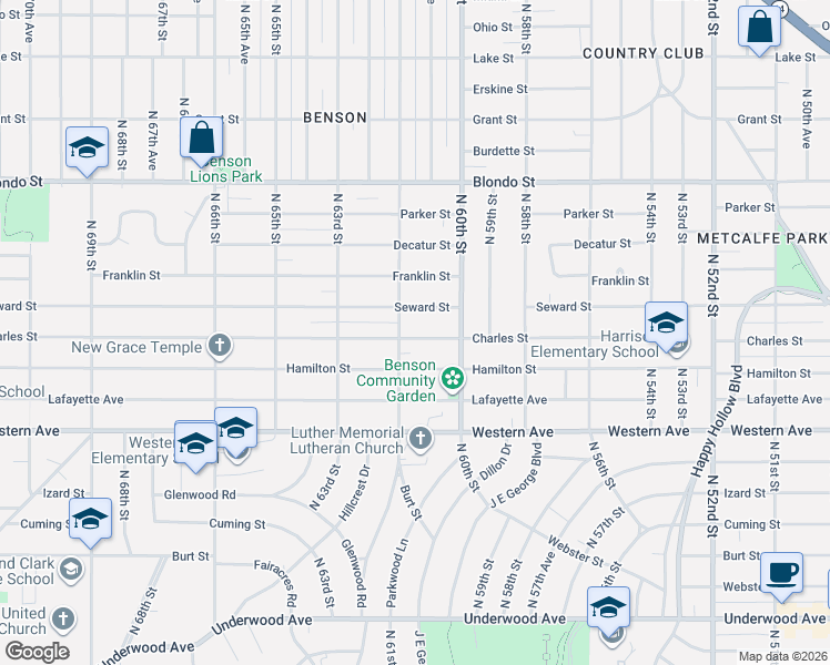 map of restaurants, bars, coffee shops, grocery stores, and more near 6009 Seward Street in Omaha