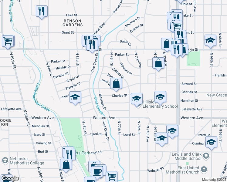 map of restaurants, bars, coffee shops, grocery stores, and more near 7726 Seward Street in Omaha