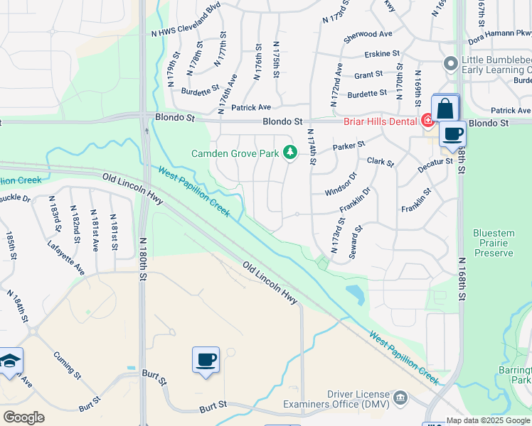 map of restaurants, bars, coffee shops, grocery stores, and more near 1724 North 175th Court in Omaha