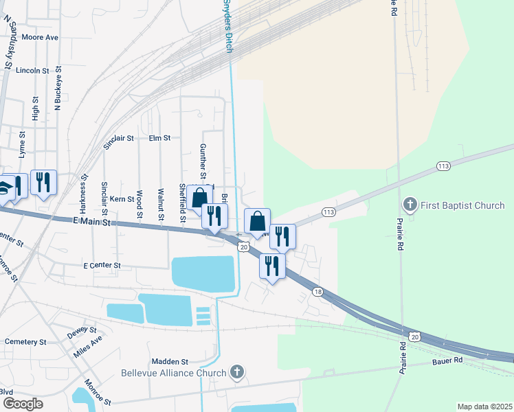 map of restaurants, bars, coffee shops, grocery stores, and more near 126 Ridge Drive in Bellevue