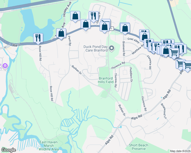 map of restaurants, bars, coffee shops, grocery stores, and more near 337 Jefferson Woods Road in Branford