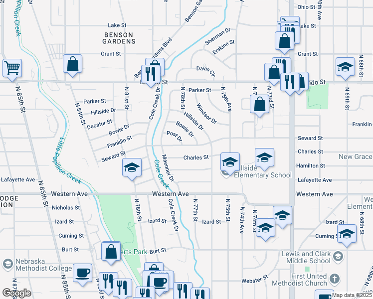map of restaurants, bars, coffee shops, grocery stores, and more near 7726 Seward Street in Omaha
