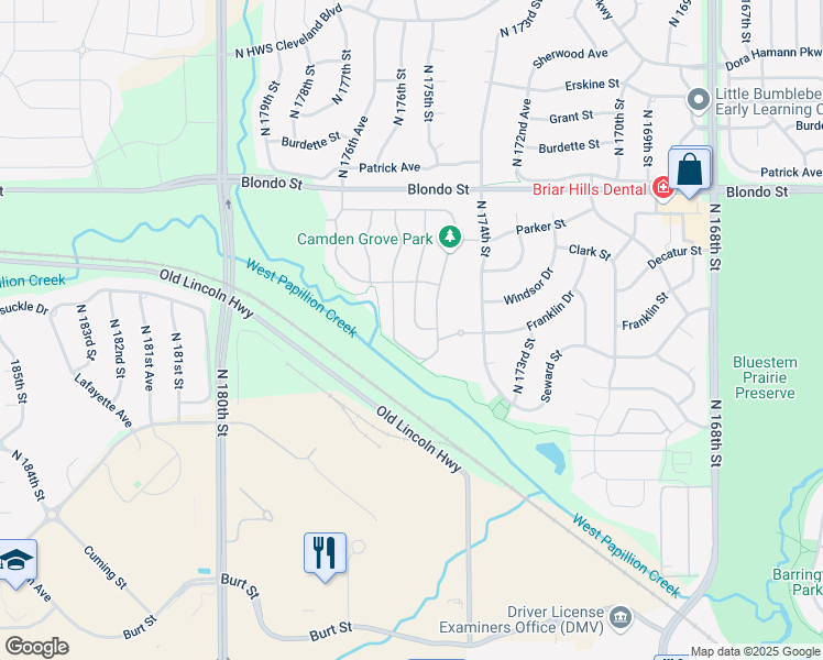 map of restaurants, bars, coffee shops, grocery stores, and more near 1724 North 175th Court in Omaha