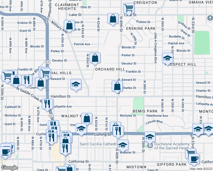 map of restaurants, bars, coffee shops, grocery stores, and more near 4037 Seward Street in Omaha