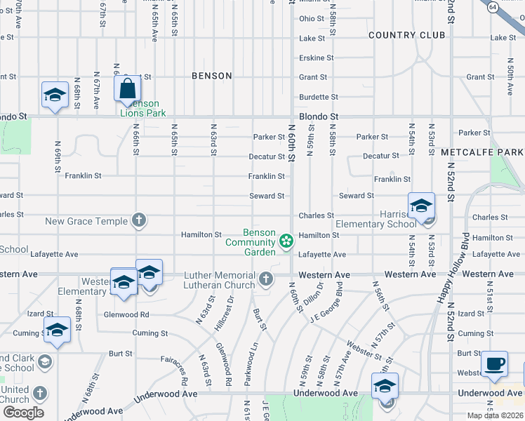 map of restaurants, bars, coffee shops, grocery stores, and more near 6009 Seward Street in Omaha
