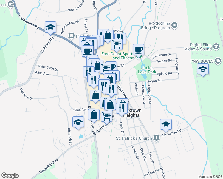 map of restaurants, bars, coffee shops, grocery stores, and more near Commerce Street in Yorktown Heights