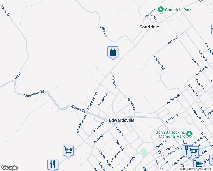 map of restaurants, bars, coffee shops, grocery stores, and more near 151 Washington Street in Edwardsville