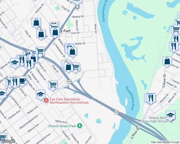 map of restaurants, bars, coffee shops, grocery stores, and more near 1030 Rutter Avenue in Forty Fort
