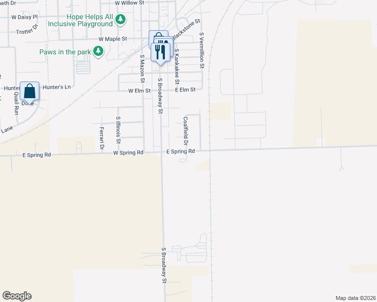 map of restaurants, bars, coffee shops, grocery stores, and more near 1170 Coalfield Drive in Coal City