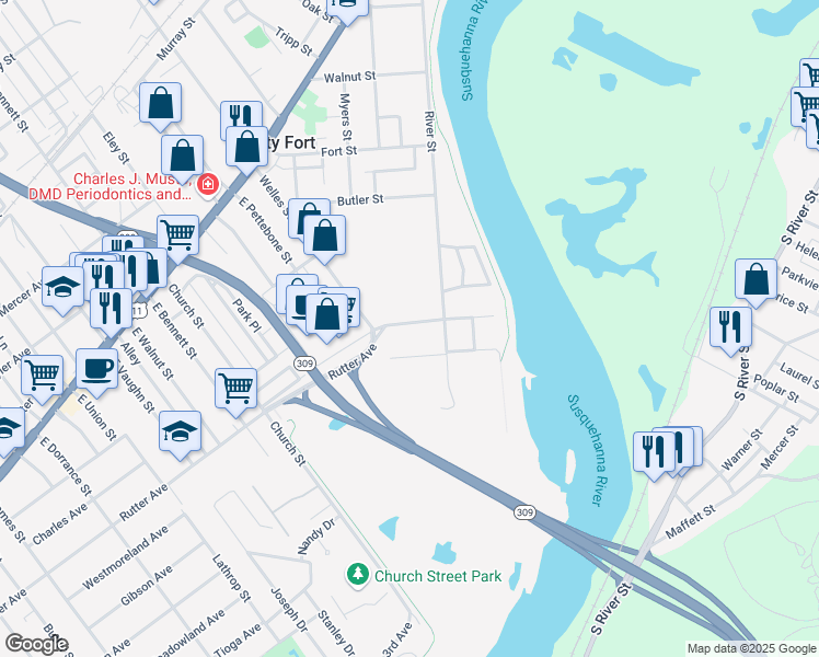 map of restaurants, bars, coffee shops, grocery stores, and more near 1021 Rutter Avenue in Forty Fort