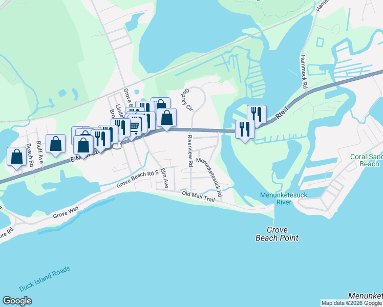 map of restaurants, bars, coffee shops, grocery stores, and more near 54 Riverview Road in Westbrook