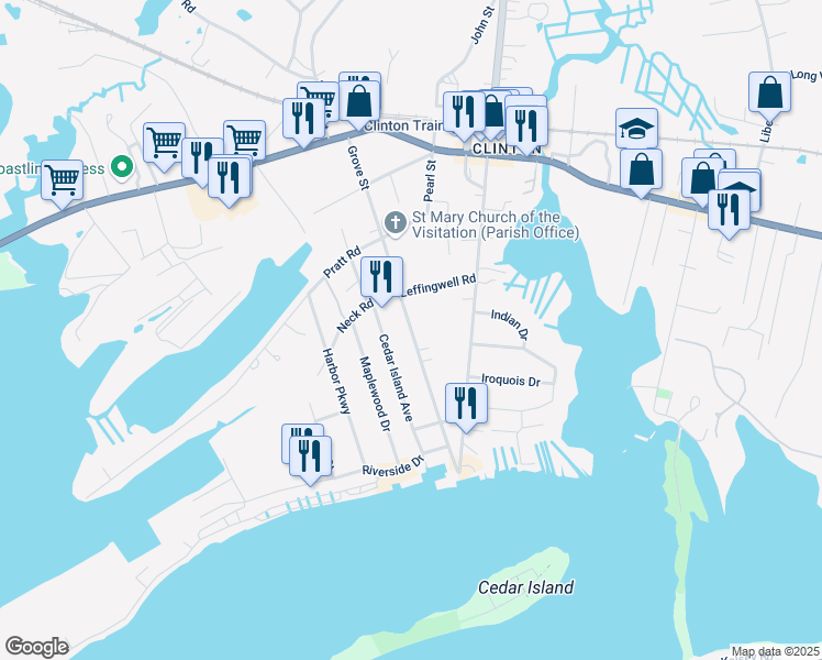 map of restaurants, bars, coffee shops, grocery stores, and more near 82 Grove Street in Clinton