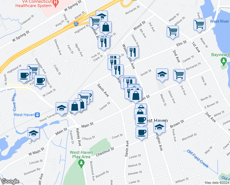 map of restaurants, bars, coffee shops, grocery stores, and more near 14 Savin Court in West Haven
