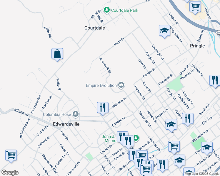 map of restaurants, bars, coffee shops, grocery stores, and more near 506 Roosevelt Street in Edwardsville