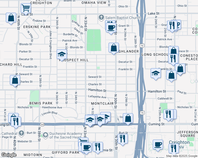 map of restaurants, bars, coffee shops, grocery stores, and more near 3128 Seward Street in Omaha