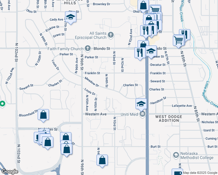 map of restaurants, bars, coffee shops, grocery stores, and more near 1521 North 94th Street in Omaha