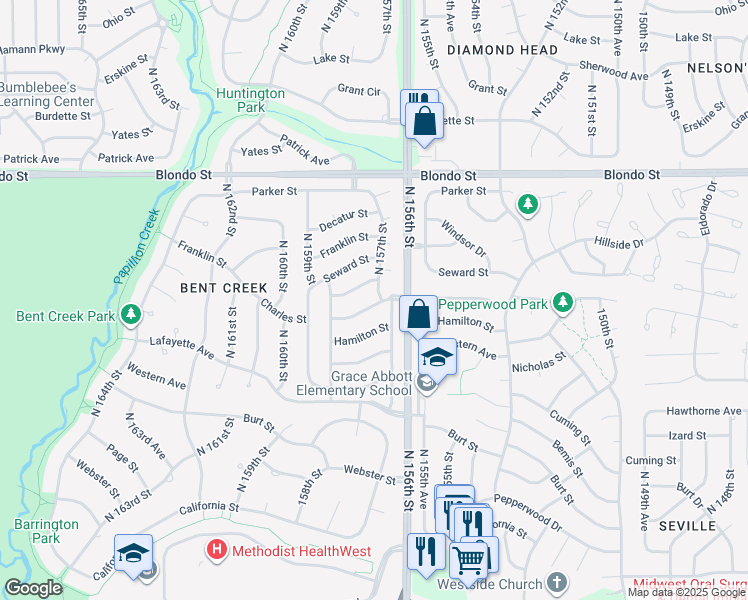 map of restaurants, bars, coffee shops, grocery stores, and more near 1515 North 157th Street in Omaha