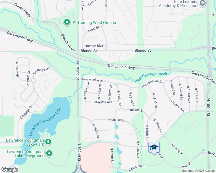 map of restaurants, bars, coffee shops, grocery stores, and more near 18910 Honeysuckle Drive in Omaha