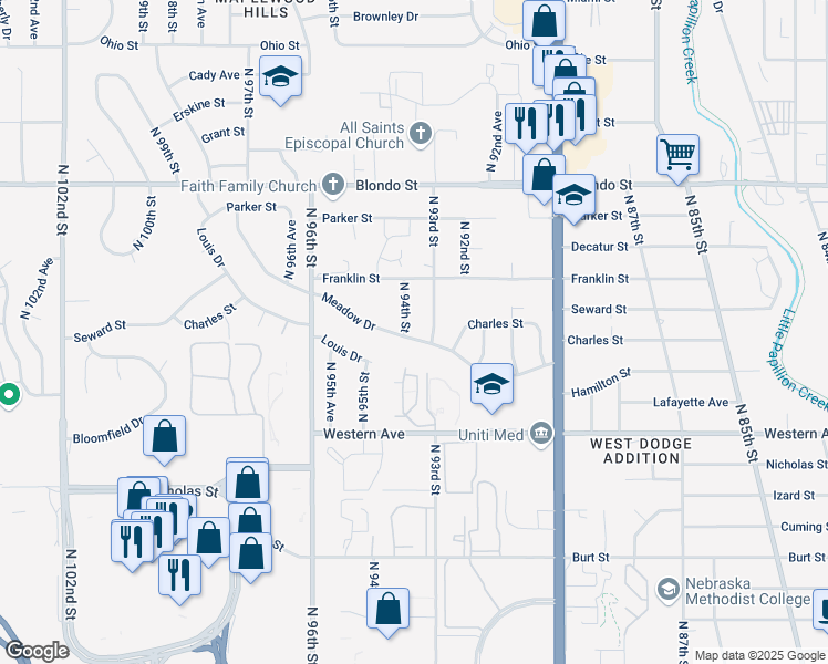 map of restaurants, bars, coffee shops, grocery stores, and more near 1521 North 94th Street in Omaha