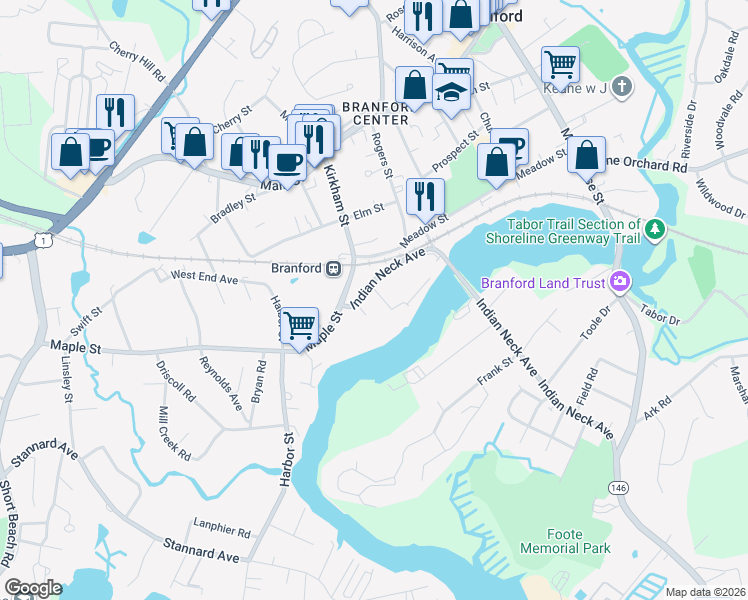 map of restaurants, bars, coffee shops, grocery stores, and more near in Branford