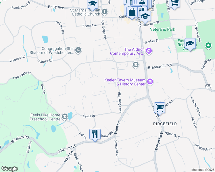 map of restaurants, bars, coffee shops, grocery stores, and more near 59 High Ridge Avenue in Ridgefield