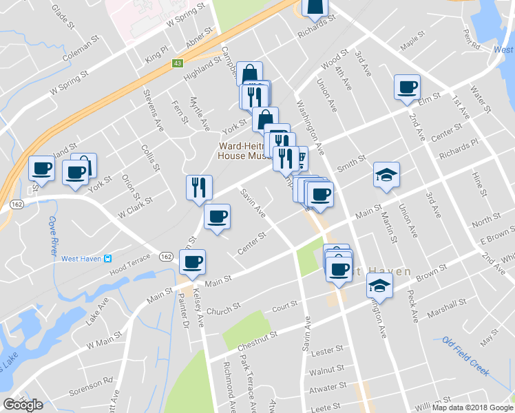 map of restaurants, bars, coffee shops, grocery stores, and more near 803 Savin Ave in West Haven
