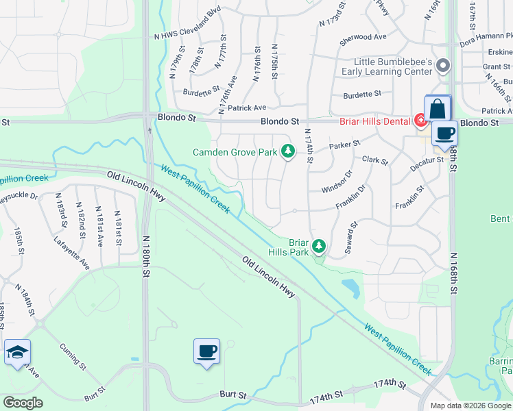 map of restaurants, bars, coffee shops, grocery stores, and more near 1724 North 175th Court in Omaha