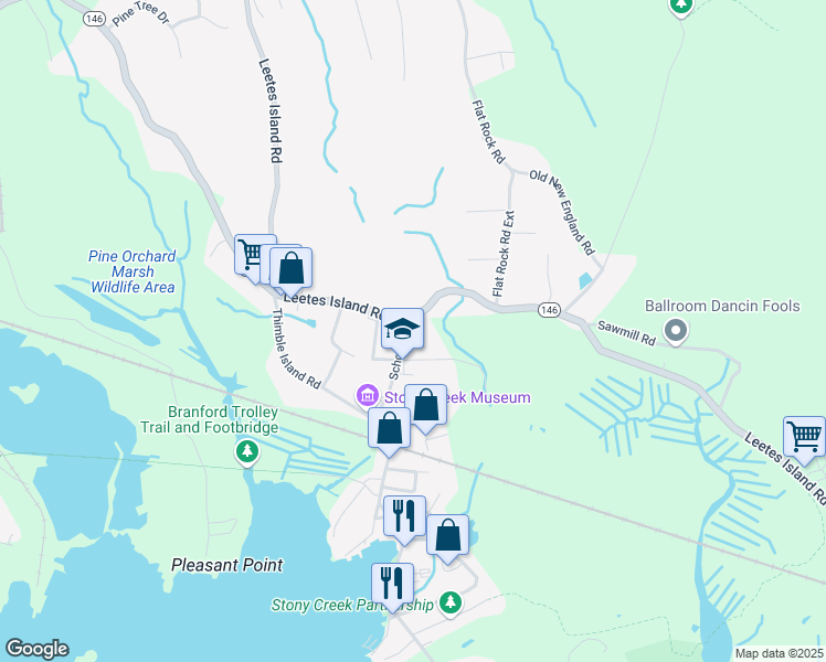 map of restaurants, bars, coffee shops, grocery stores, and more near 488 Leetes Island Road in Branford
