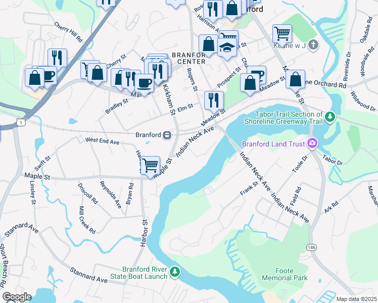 map of restaurants, bars, coffee shops, grocery stores, and more near in Branford