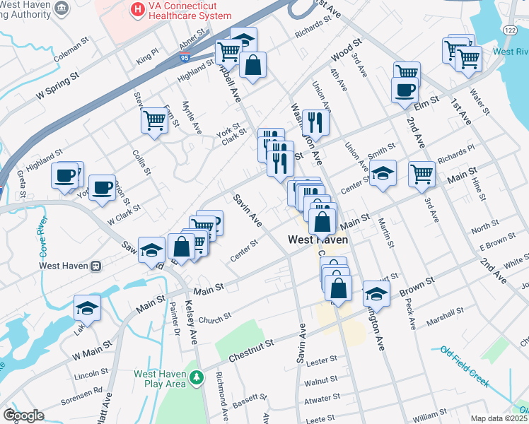 map of restaurants, bars, coffee shops, grocery stores, and more near 14 Savin Court in West Haven